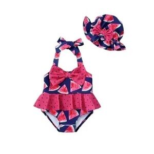 NWT Infant One Piece Watermelon Swimsuit with Matching Hat, Size 3-6M